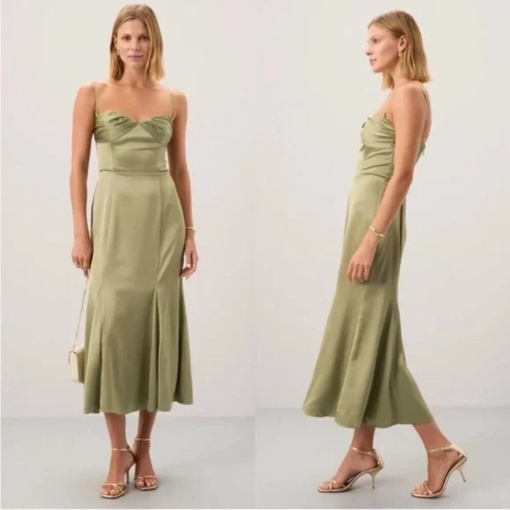 Reformation Hensley Size 12 Midi Satin Dress Artichoke Green - Picture 2 of 6